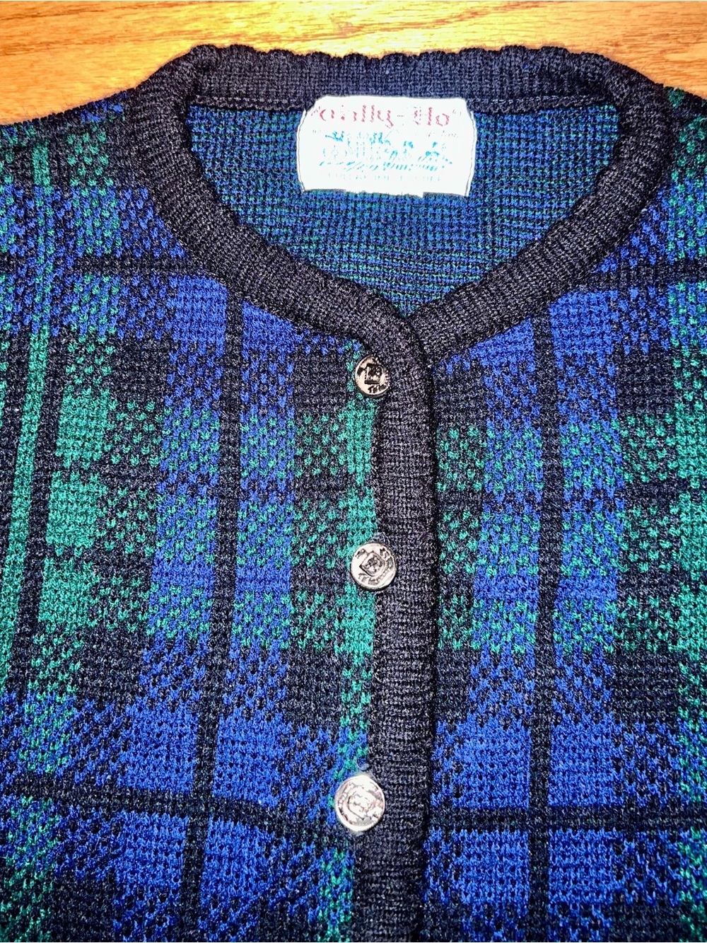 Vintage Tally-Ho Women’s Green Blue & Black Tartan Plaid Button Front Cardigan